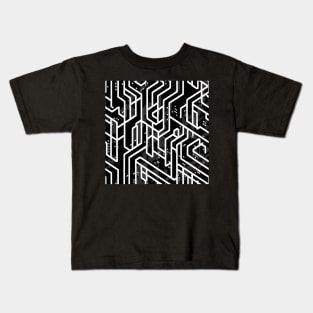 Trippy black and white cyberpunk electronic pattern Kids T-Shirt